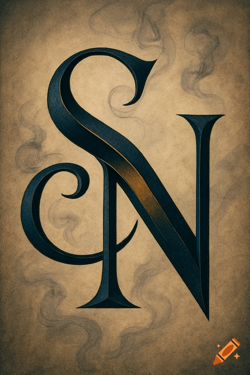 Stylized intertwined capital letters S and N in dark blue with a gold highlight, set against a textured beige background with smoky accents.
