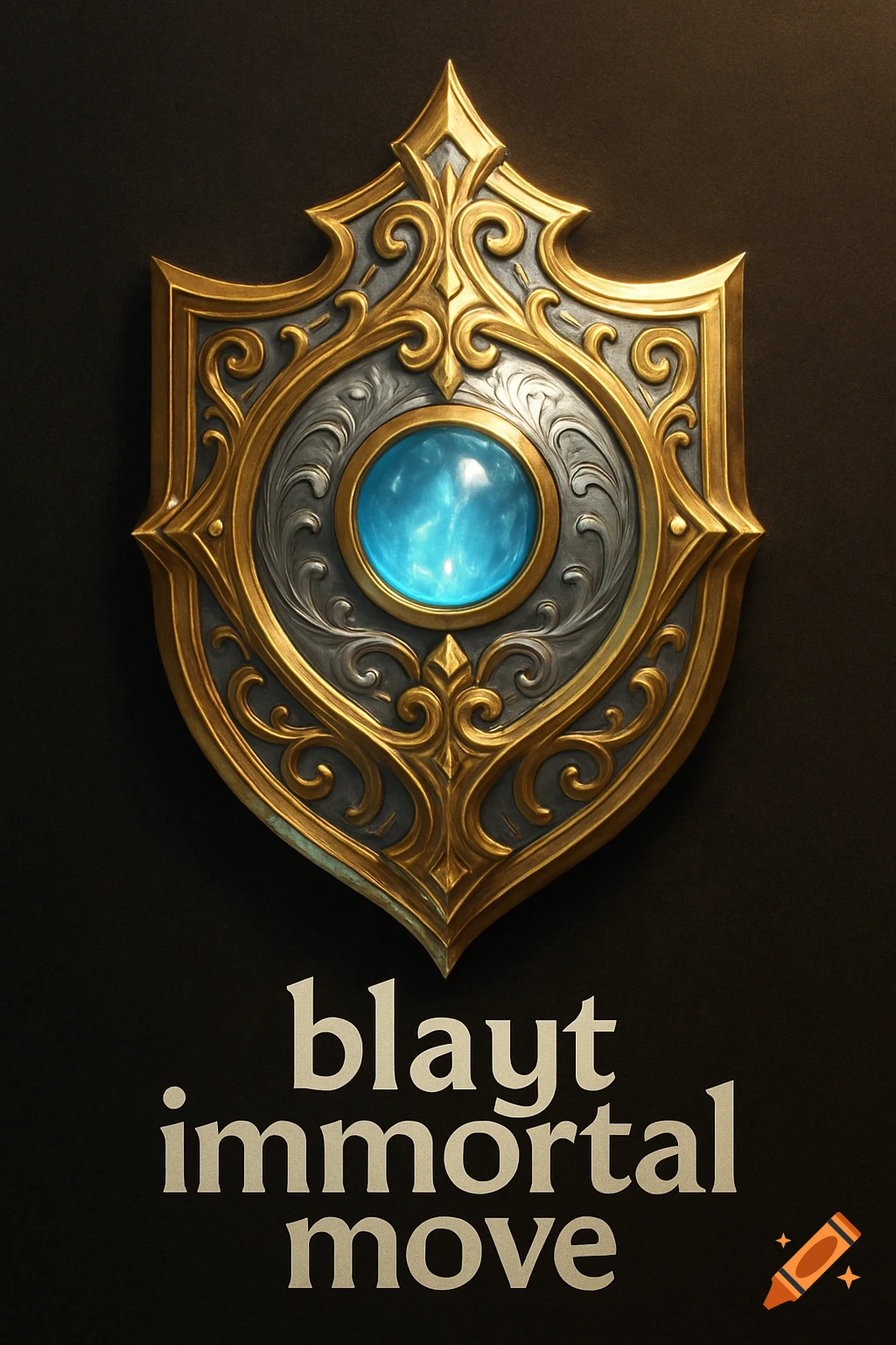 A highly detailed gold and silver fantasy shield with intricate engravings, a glowing blue gemstone, and the text 'blayt immortal move' below it.