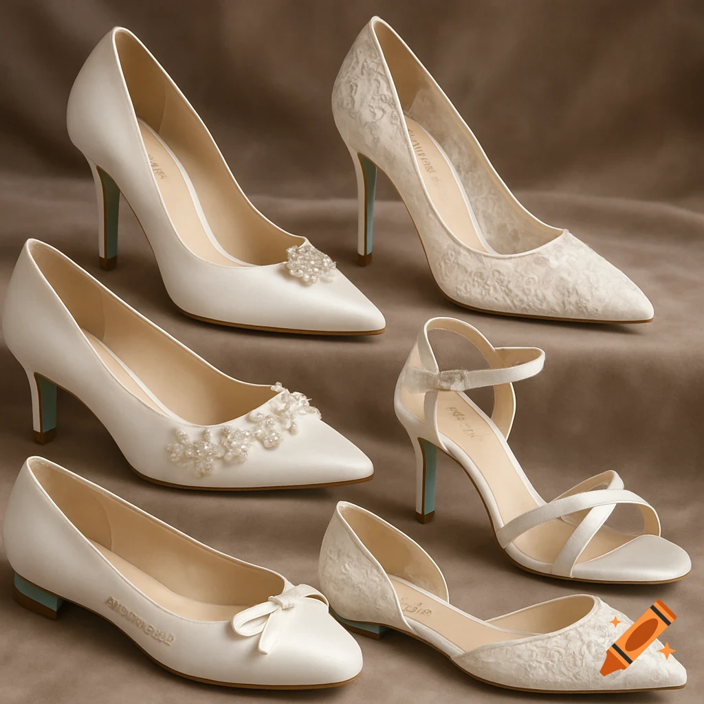 Six pairs of elegant white bridal shoes with light blue soles, featuring various designs including high heels, flats, lace, and embellishments.