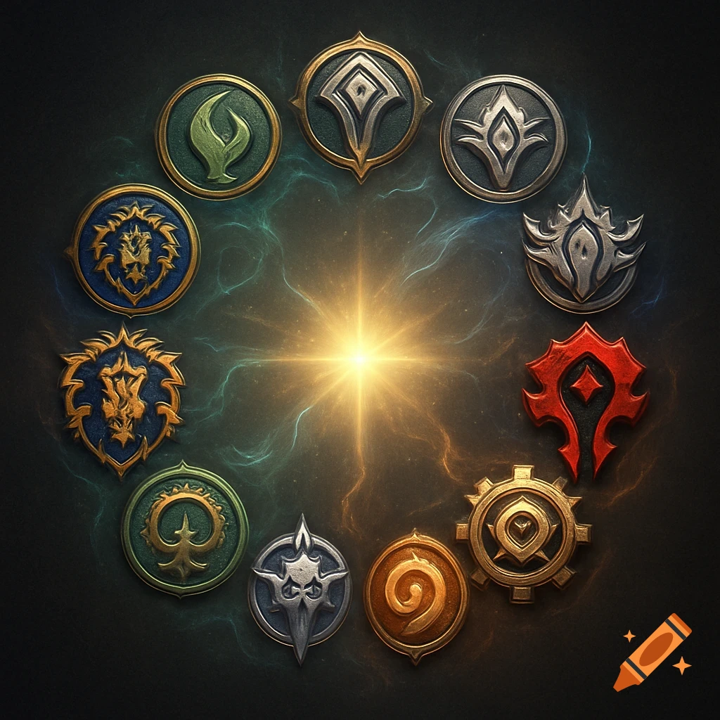 A circle of stylized, metallic World of Warcraft faction emblems glow around a central light on a dark, mystical background.