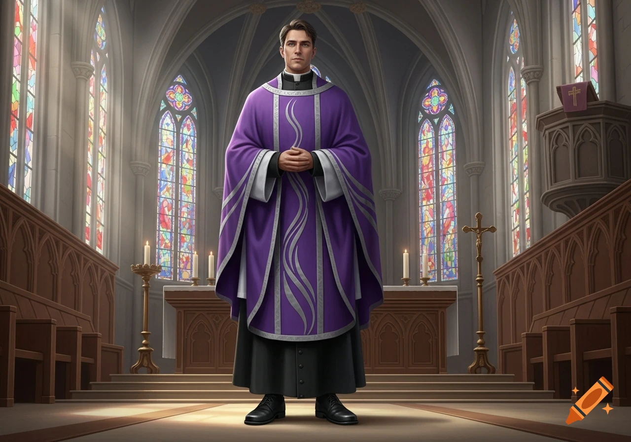 A photorealistic image of a male priest in a black cassock and purple chasuble with gray accents, standing in a grand church with stained glass windows.