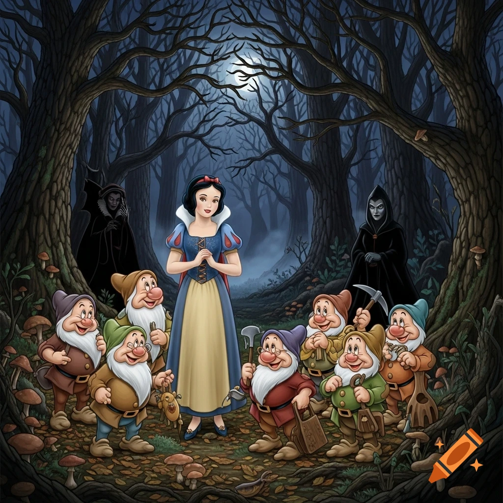 Snow White, seven dwarfs, and two shadowy Evil Queens in a dark, illustrative forest under moonlight.
