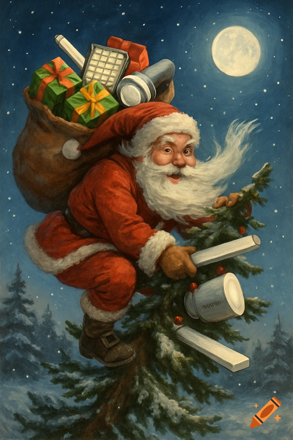 Santa Claus climbs a snowy Christmas tree, carrying a sack of gifts under a full moon in a starry night, painted in a traditional style.