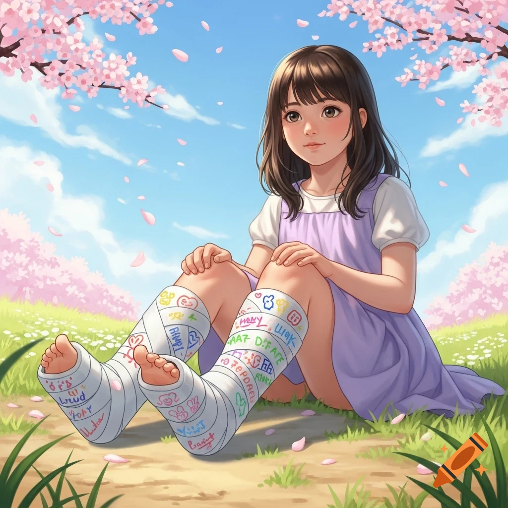 Anime style illustration of a young girl with brown hair sitting in a field under cherry blossoms, both legs in plaster casts with colorful scribbles.