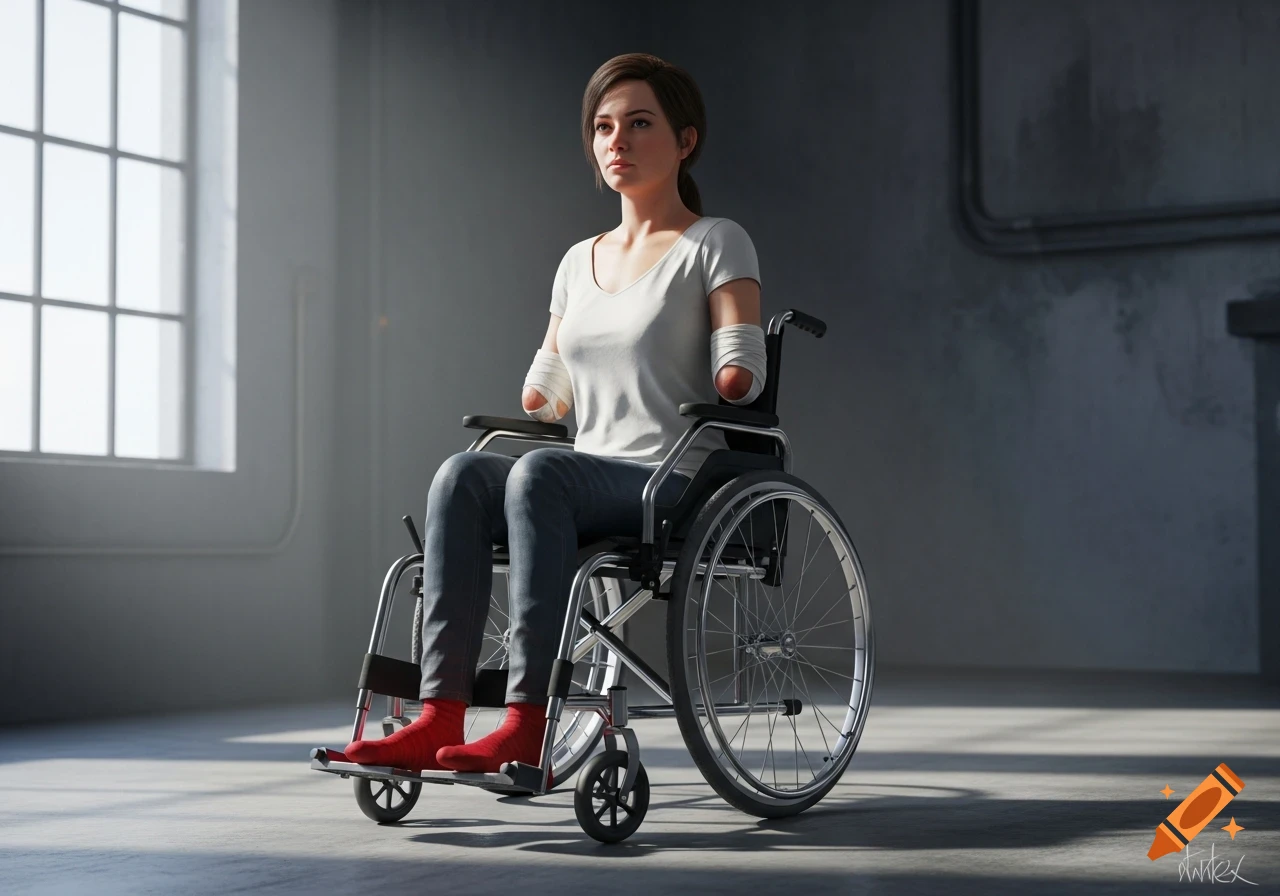 Photorealistic image of a woman in a wheelchair with bandaged forearm stumps, wearing red socks, in a sparse room with a large window.