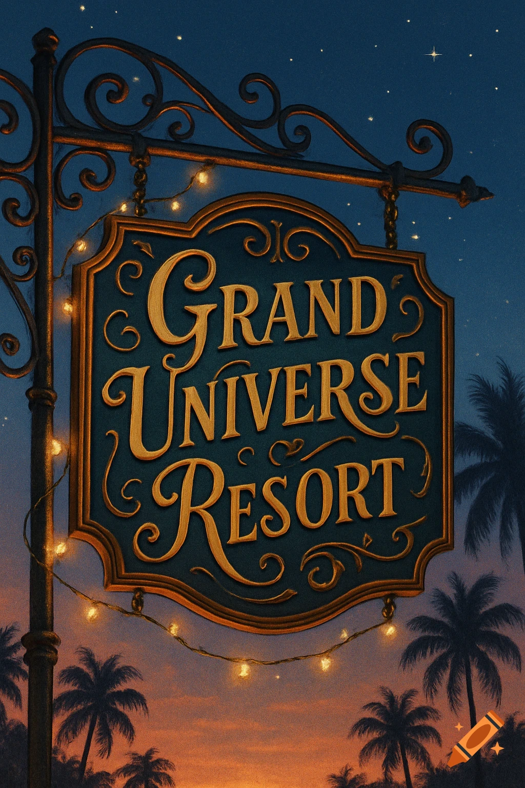 A decorative, ornate sign for 'Grand Universe Resort' illuminated by string lights, set against a twilight sky with silhouetted palm trees.
