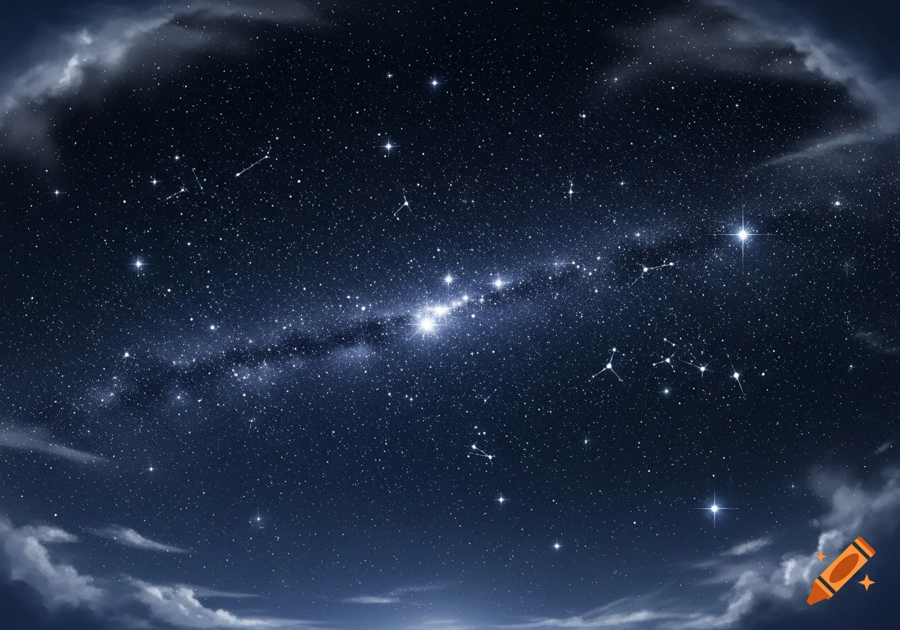 Dark blue night sky filled with countless bright stars, glowing constellations, a central Milky Way band, and soft white clouds.