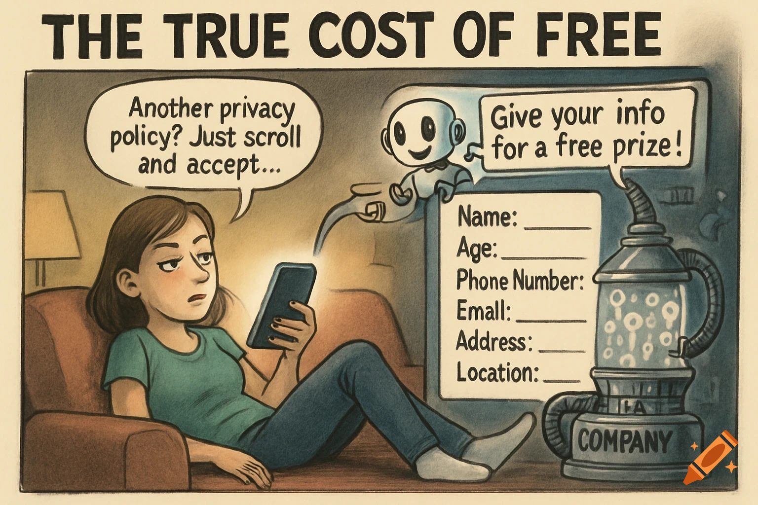 A cartoon depicting a woman scrolling on her phone, thinking 'Another privacy policy? Just scroll and accept...' while a cheerful AI robot extracts her personal information into a 'COMPANY' vacuum for a 'free prize'.