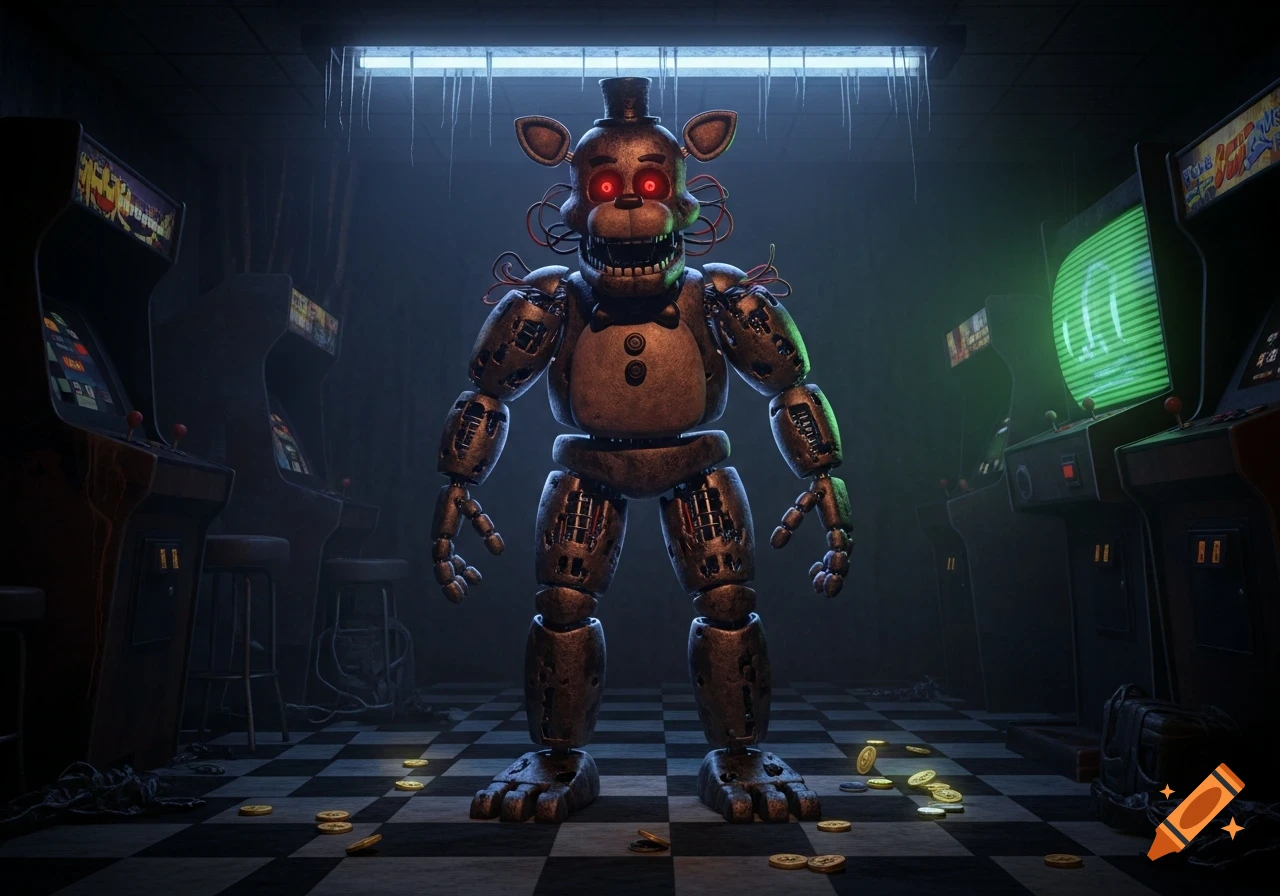 An intimidating, rusty animatronic robot with glowing red eyes stands in a dark, atmospheric arcade with scattered coins on a checkered floor.