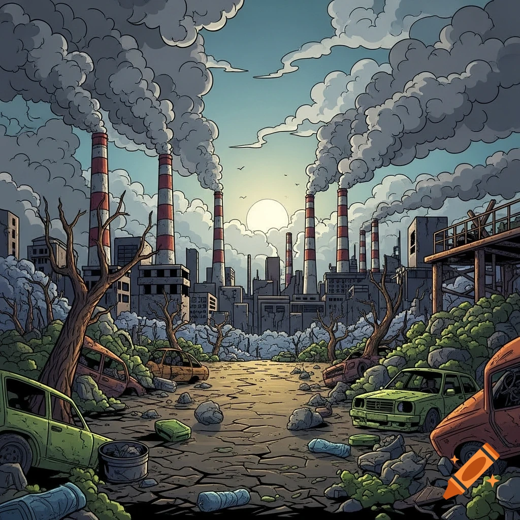 Comic-style drawing of a polluted industrial landscape with factories emitting smoke, dead trees, and discarded cars and trash on cracked ground under a pale sky.