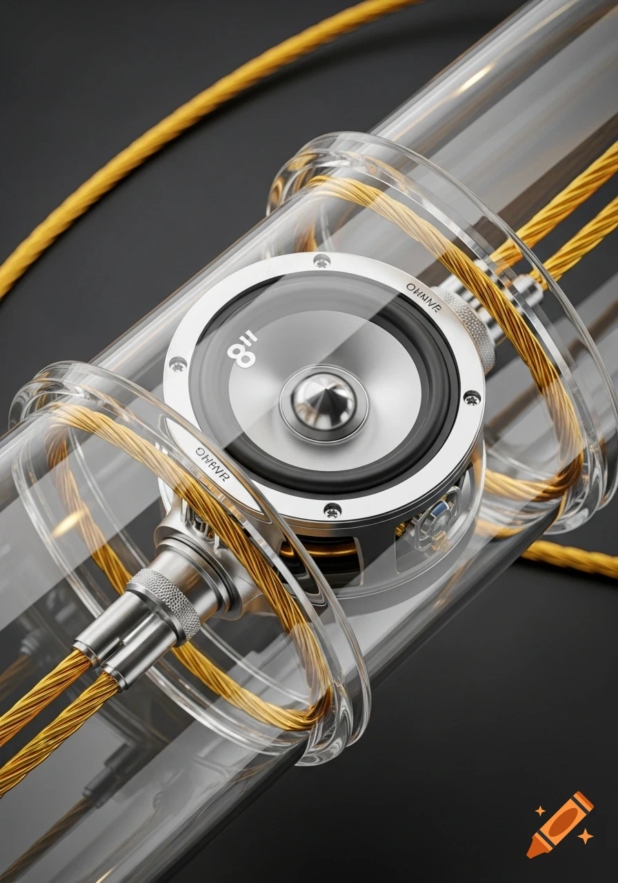 Photorealistic 8-inch speaker in a clear plexiglass tube with gold braided cables.