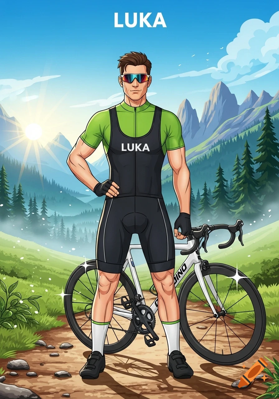 An illustration of a man named Luka in a green and black cycling uniform, standing with his white road bike on a mountain path under a sunny sky.
