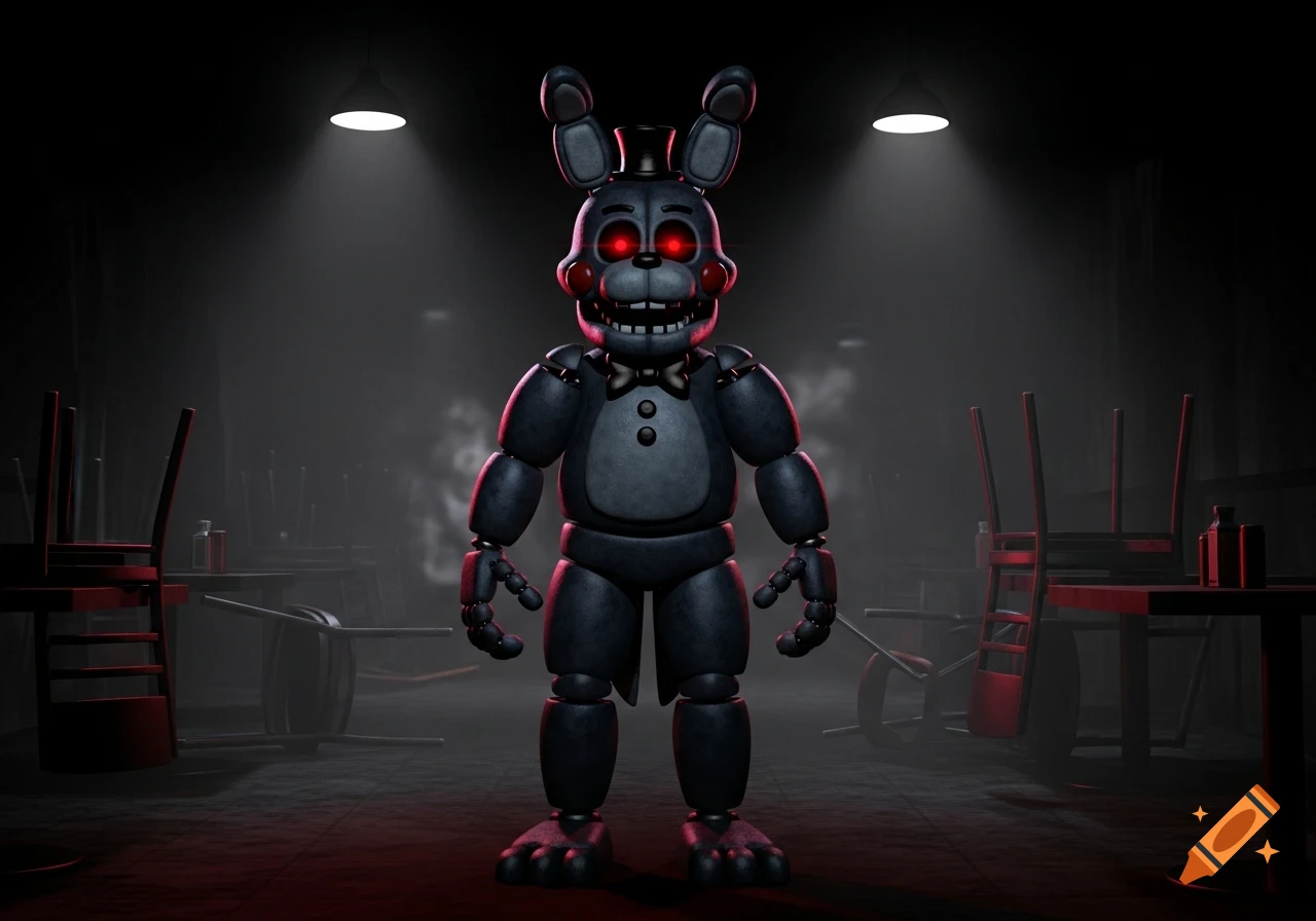 A dark blue animatronic rabbit with glowing red eyes, a top hat, and a bowtie stands in a dimly lit, eerie room with overturned chairs.