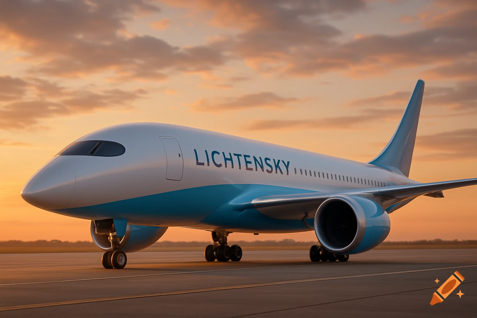 A sleek white and blue commercial jet airliner with "LICHTENSKY" on its side, parked on an airport runway at sunset.
