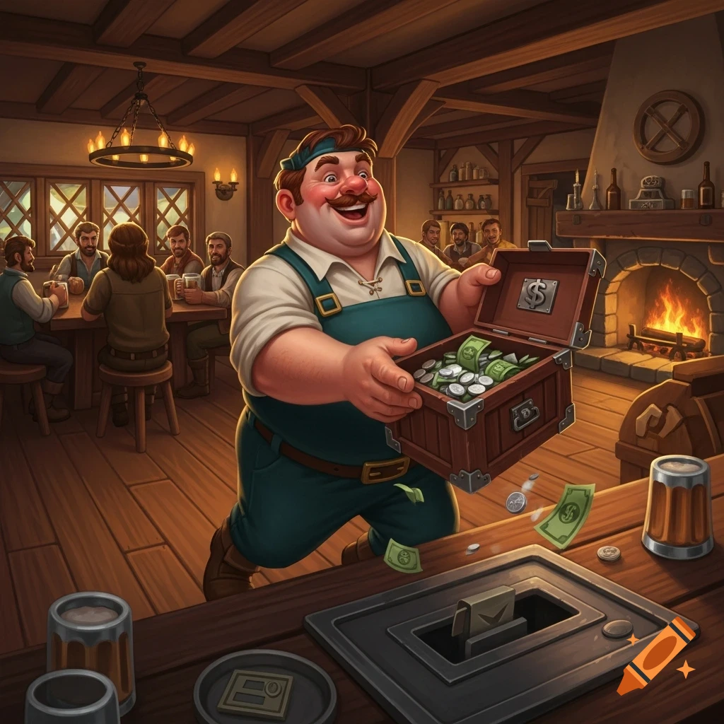 A grinning, stout innkeeper in an apron holds a money chest brimming with coins and cash in a warm, rustic tavern setting.