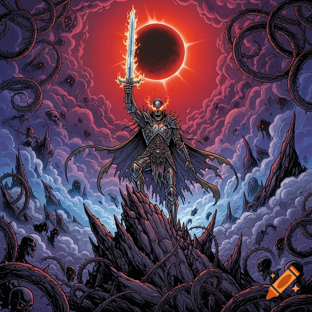 Skeletal warrior in armor raises a flaming sword on a rocky peak amidst thorns, skulls, and dark clouds under a red eclipse, comic art style.