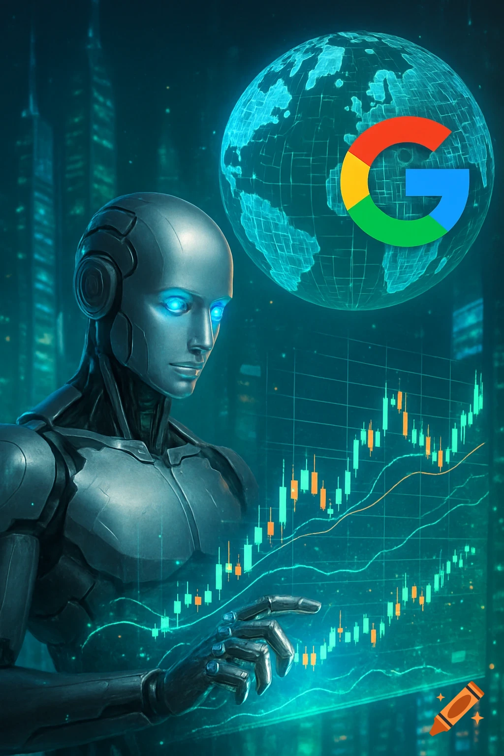 A humanoid robot observes glowing financial candlestick charts and a global map with the Google logo, set against a futuristic city skyline.