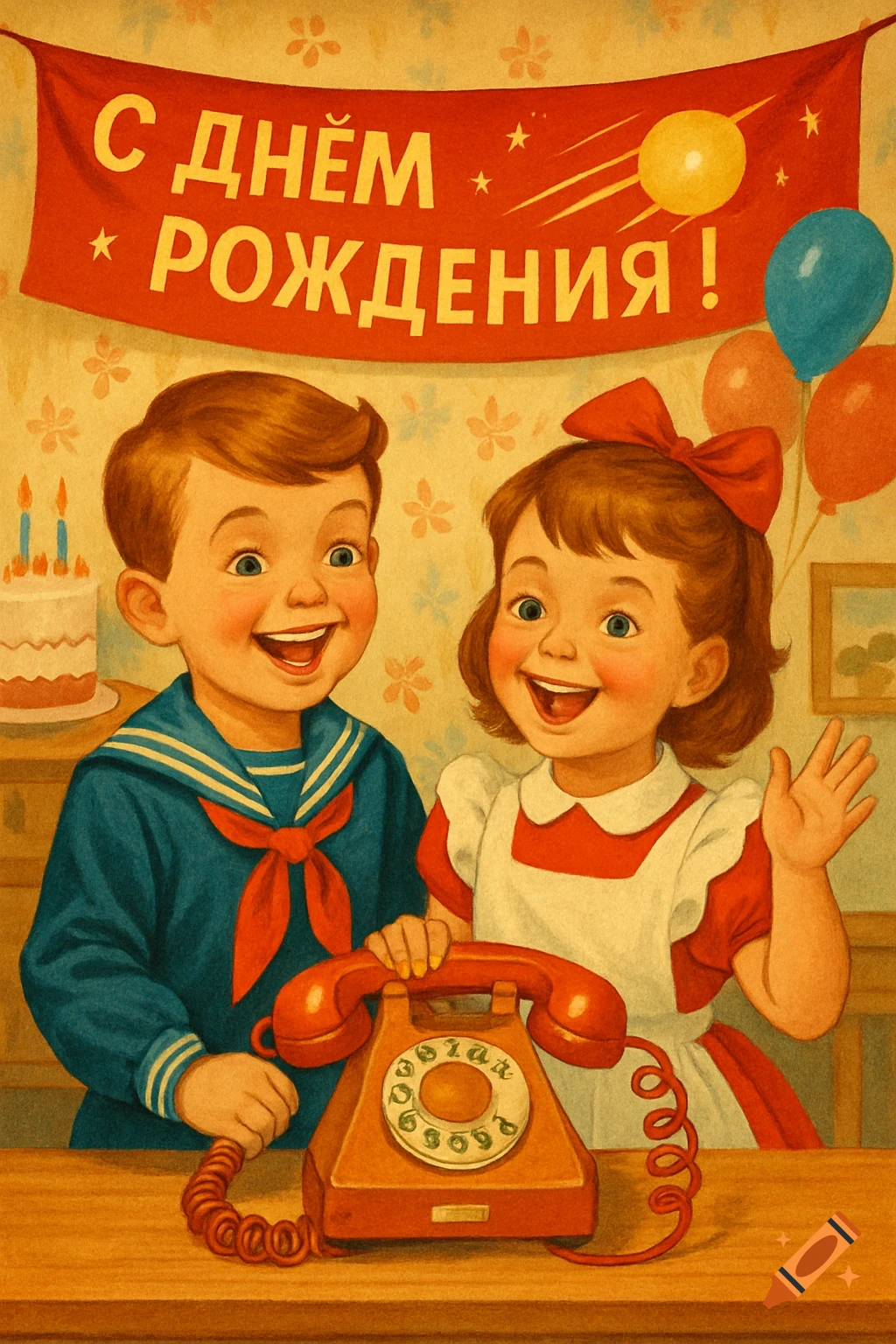 A smiling boy and girl in vintage Soviet illustration style with a retro phone, birthday banner, and balloons.