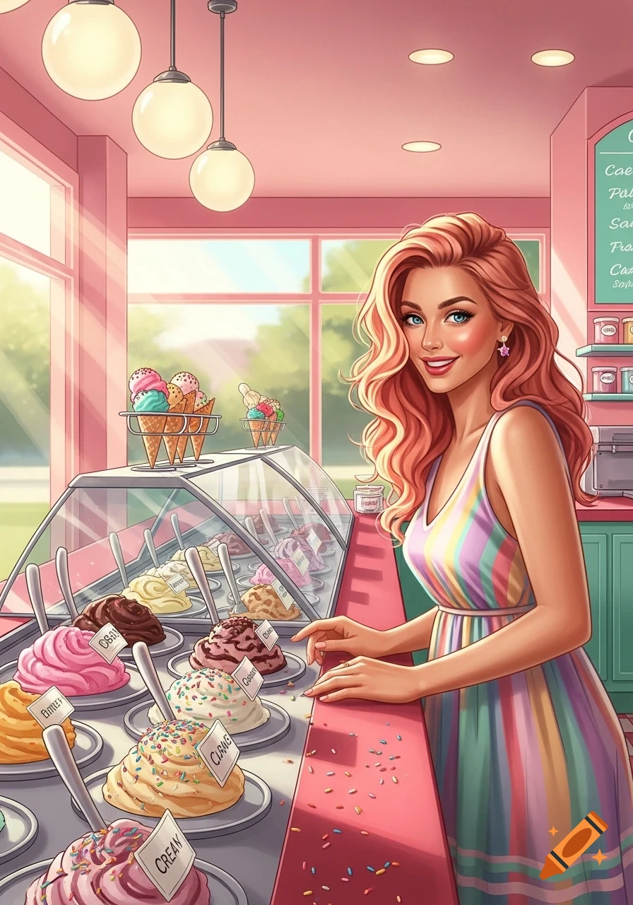 A smiling woman with long strawberry hair stands behind a counter filled with various ice cream flavors in a pastel-themed shop.