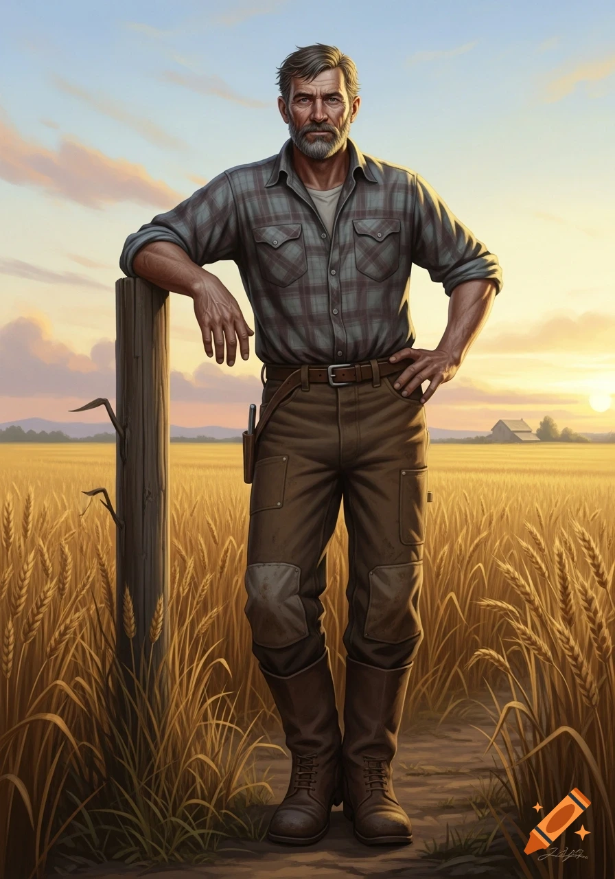 Portrait of a rugged man, likely a farmer, leaning on a fence post in a golden wheat field at sunset.