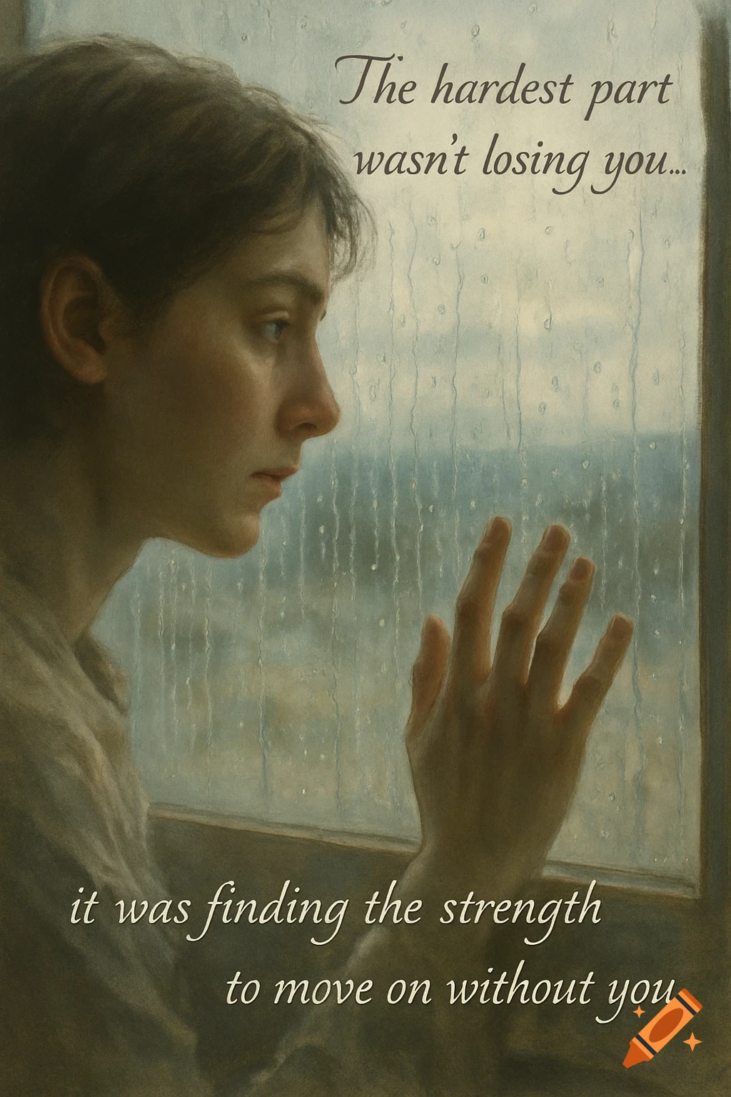 A melancholy painting of a person looking out a rainy window, hand on glass, with text about moving on.
