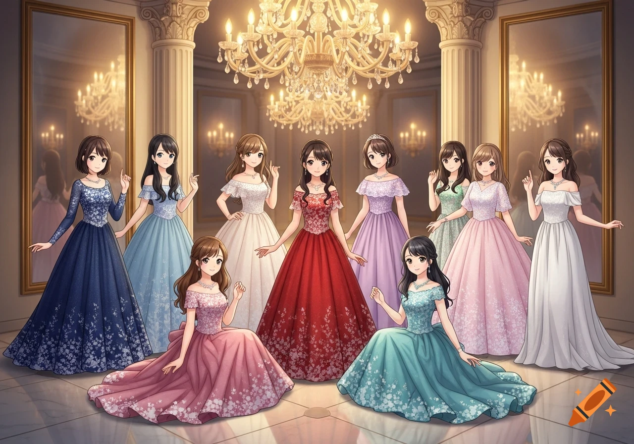 Nine anime-style teenage girls in colorful ball gowns pose in an ornate ballroom with chandeliers and mirrors.