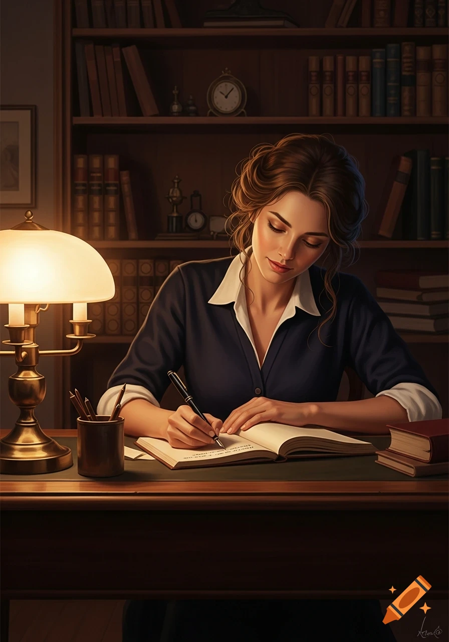 Photorealistic portrait of a woman writing in a journal at a wooden desk with a lamp and bookshelves.