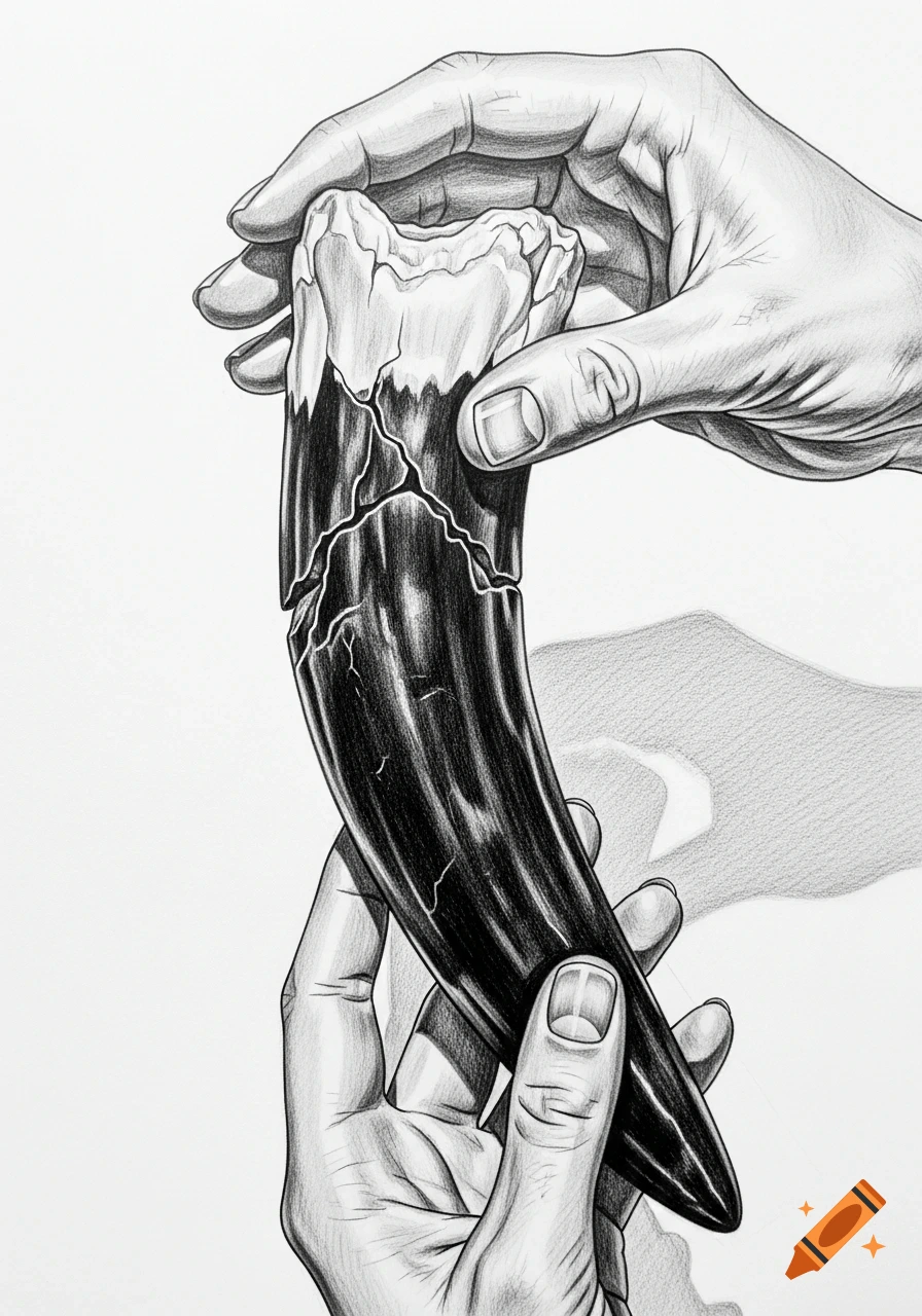 Pencil drawing of two hands holding a large, broken black object resembling a polished basalt snake tooth.