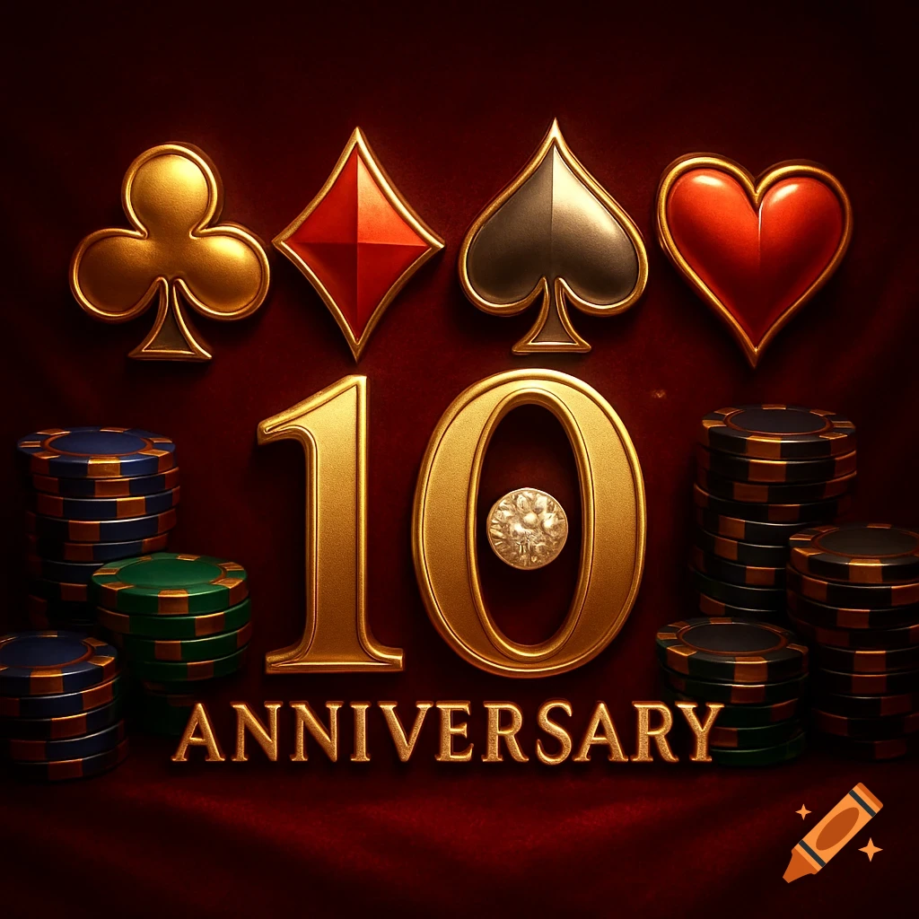 Golden '10 ANNIVERSARY' text with gold poker card suits (club, diamond, spade, heart) and stacks of poker chips on red velvet.