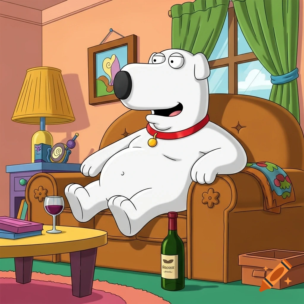 Brian Griffin, a white dog, sits on a brown couch in a living room, smiling. A glass of wine and a bottle are nearby.