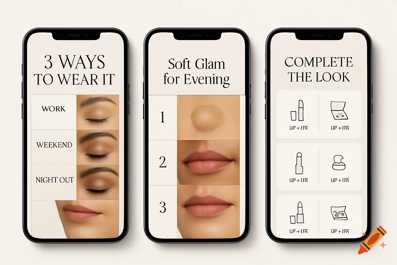 Three smartphone screens displaying makeup tutorials for different looks. The screens show text, close-ups of eyes and lips, and beauty product icons.