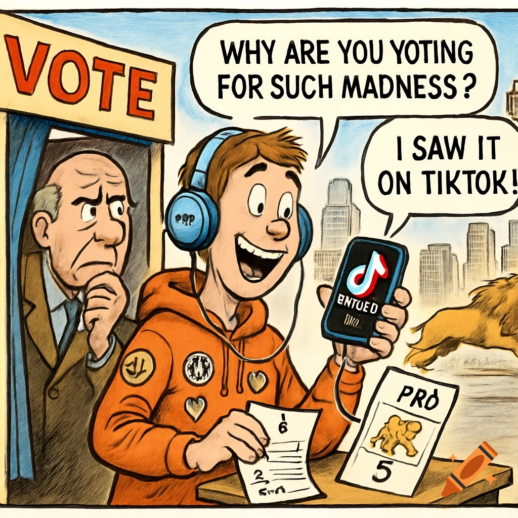 A political cartoon showing a young man with headphones, holding a phone with a TikTok logo, happily filling out a ballot in a voting booth. An older man behind him looks shocked and confused. Text bubbles read: "WHY ARE YOU YOTING FOR SUCH MADNESS?" and "I SAW IT ON TIKTOK!"