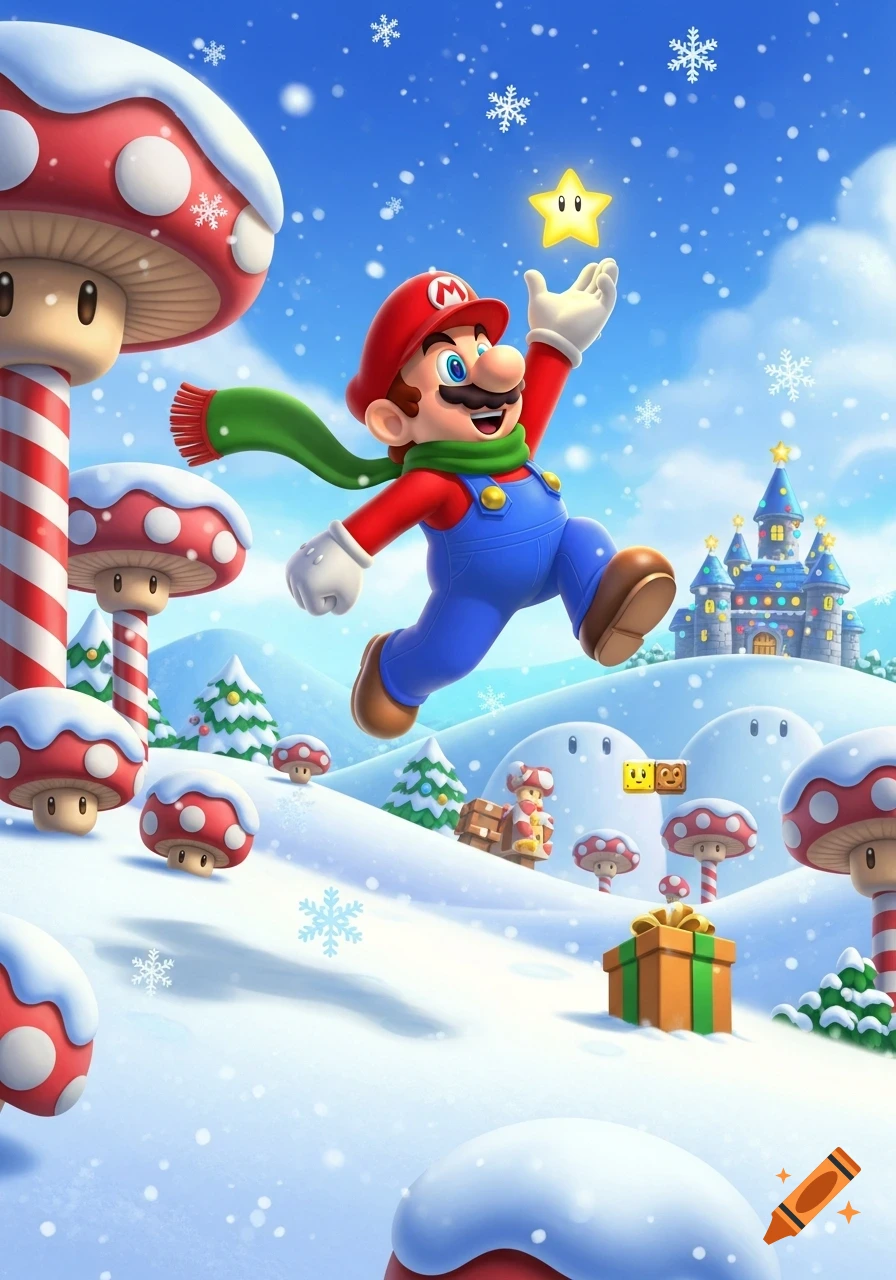 Mario jumps cheerfully in a snowy Christmas landscape with festive mushrooms, a decorated castle, and falling snowflakes.
