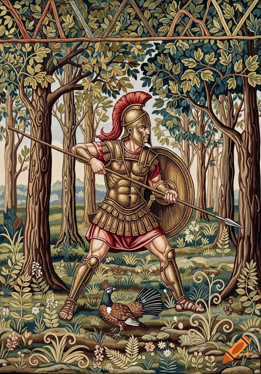 A Macedonian hoplite in golden armor with a spear and shield stands in a forest with a grouse, in a woven tapestry style.