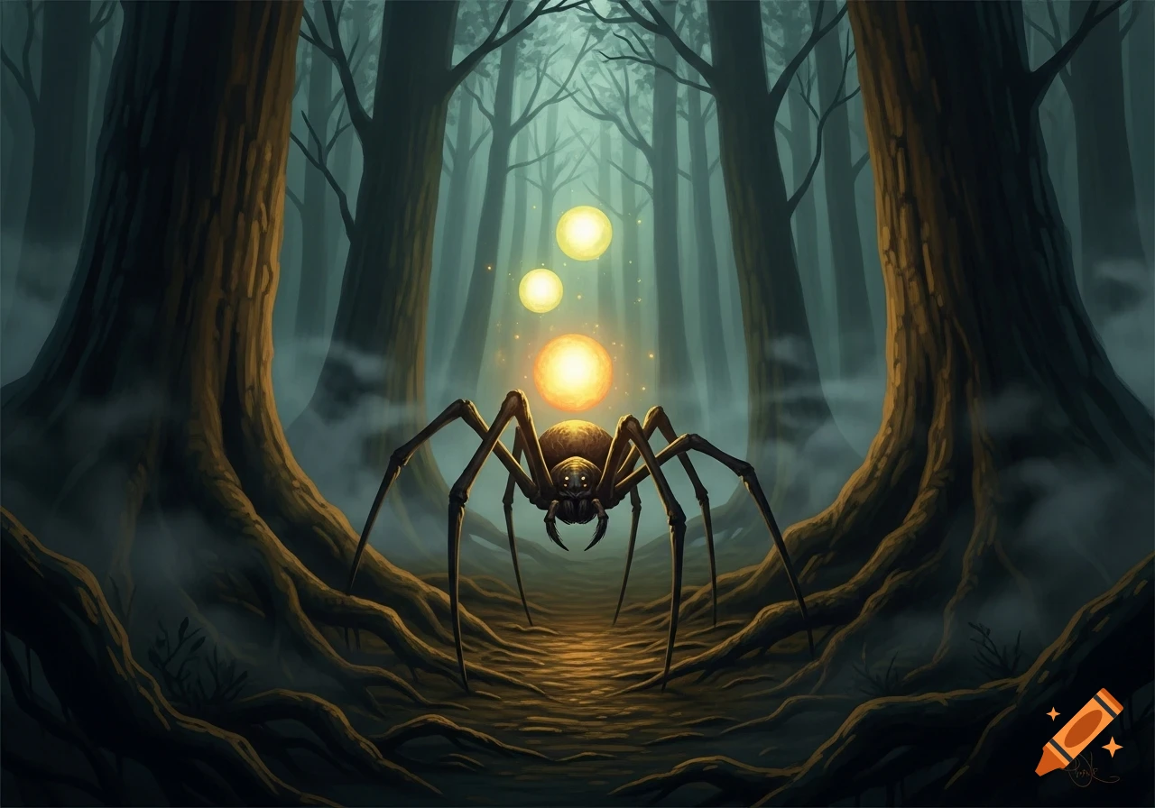 A giant, dark spider with glowing orange and yellow orbs for a body stands on gnarled roots in a foggy, dark forest, creating an eerie, fantasy scene.