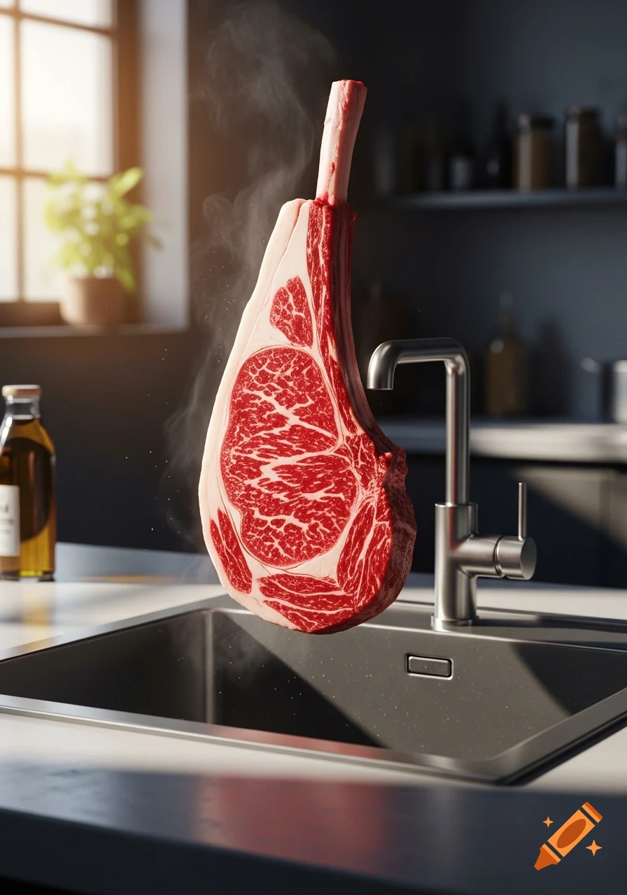 A photorealistic raw tomahawk steak with steam, suspended above a modern kitchen sink in a kitchen.