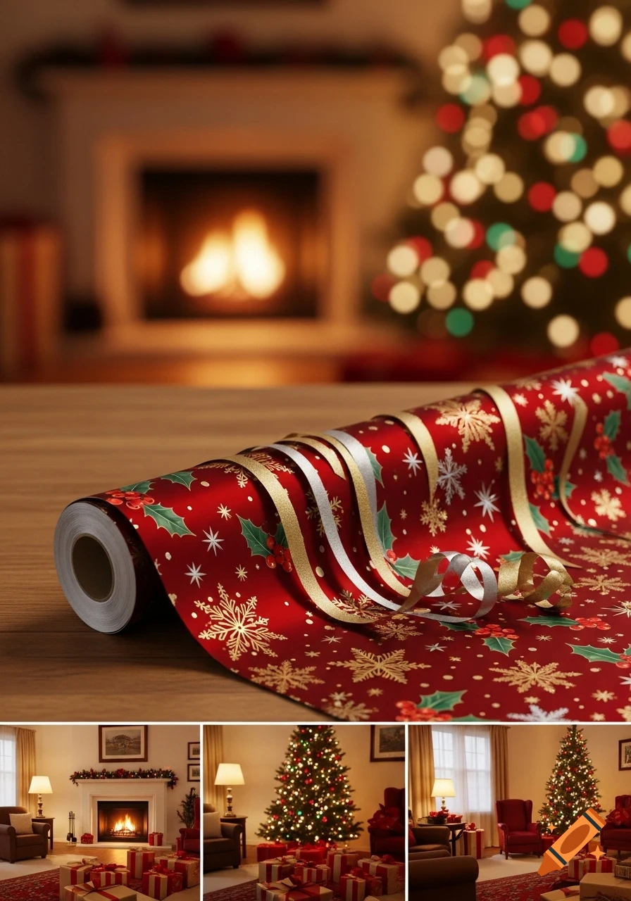 Roll of red Christmas wrapping paper with gold snowflakes and holly, with gold and silver ribbons, on a wooden table. A blurred fireplace and lit Christmas tree are in the background.