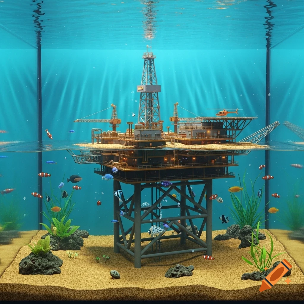 Photorealistic miniature oil rig inside a clear aquarium with colorful fish, sand, and plants under blue water.