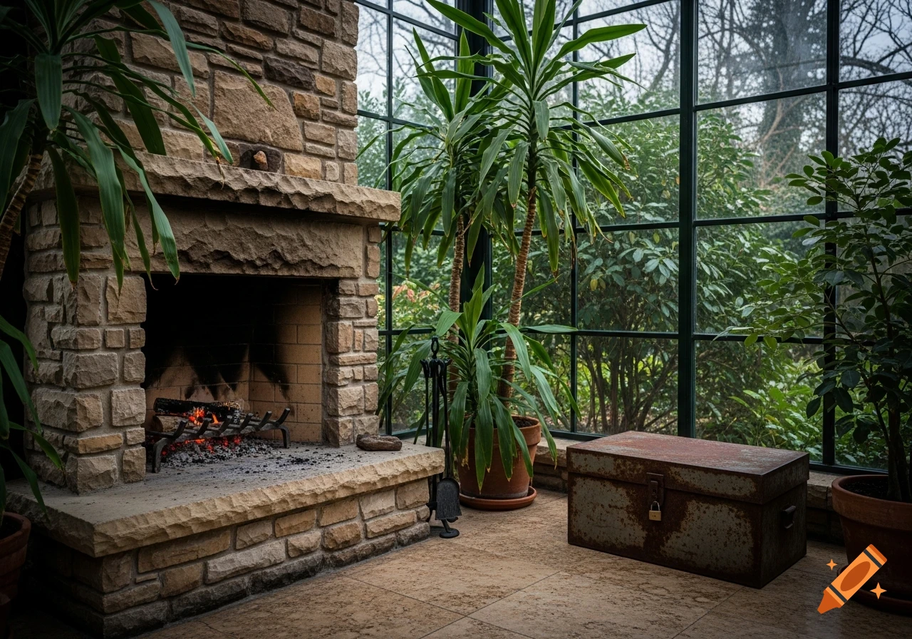 A warm sunroom with a stone fireplace, lush potted plants, and a rusted metal trunk, set against large glass windows.