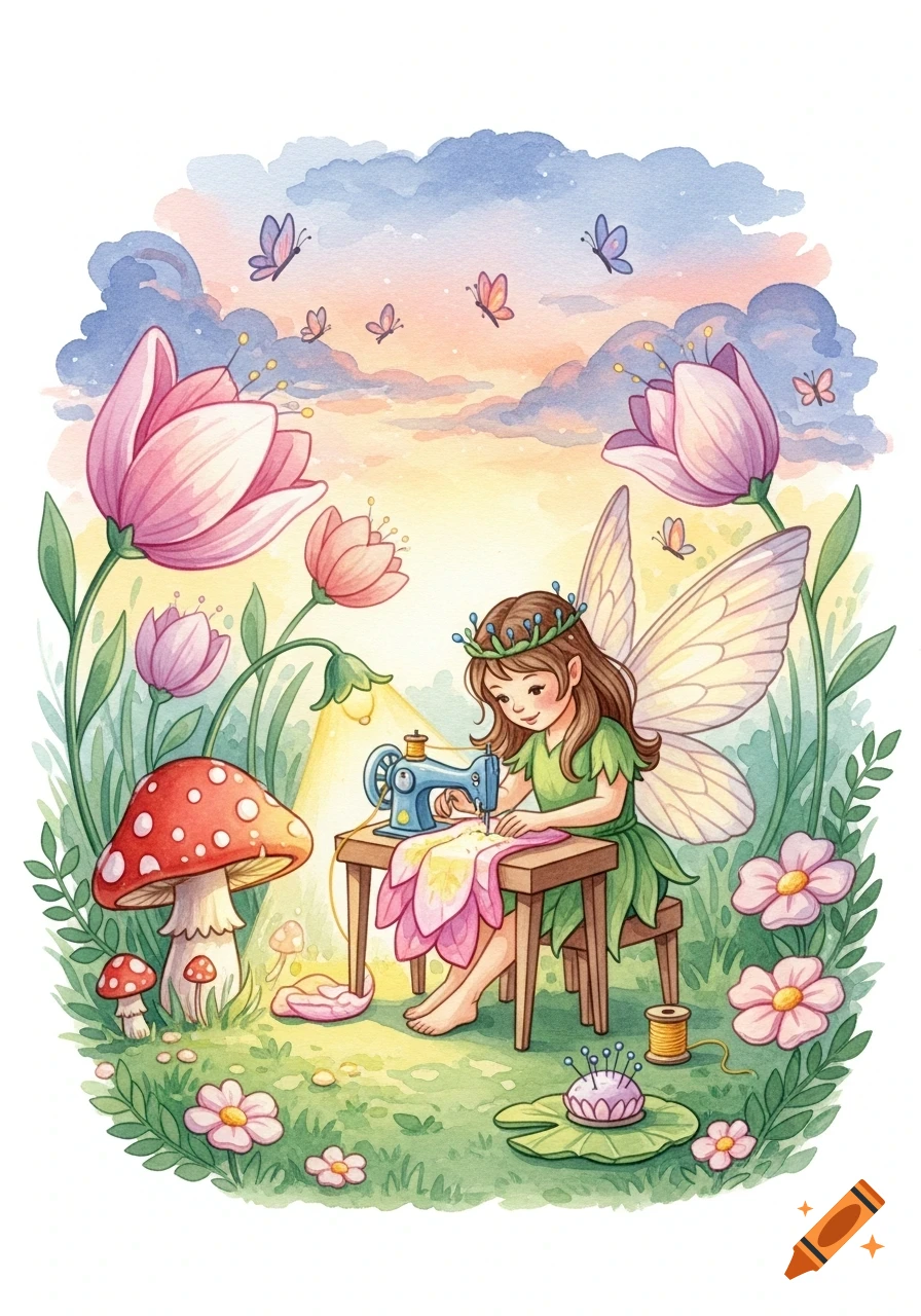 Watercolor illustration of a fairy sewing on a machine in a magical garden with pink flowers, red mushrooms, and butterflies.