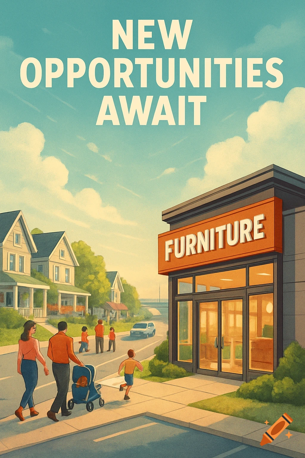 A retro-style poster showing a 'FURNITURE' store with families walking by, houses, and 'NEW OPPORTUNITIES AWAIT' in the sky.