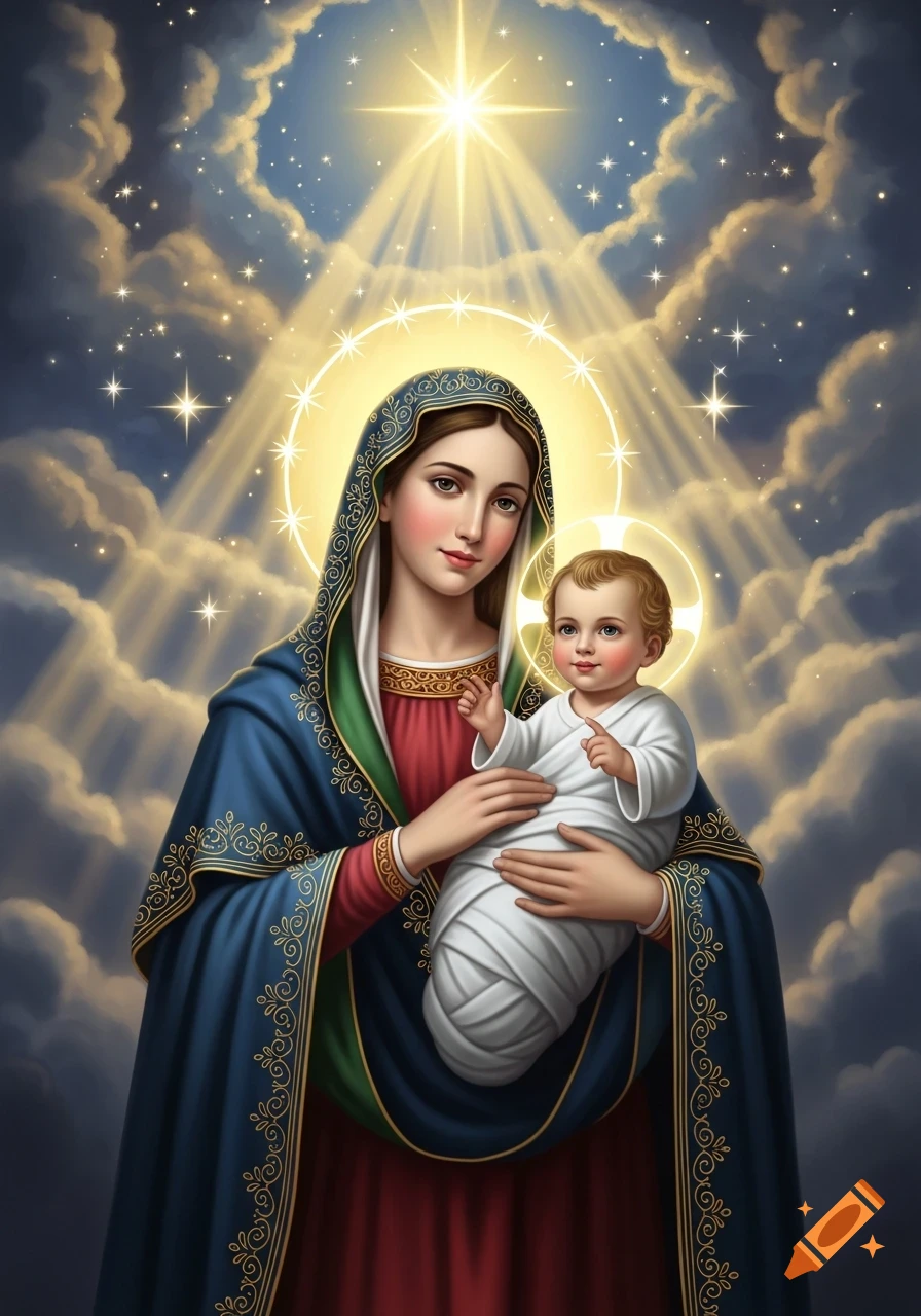 Digital painting of the Virgin Mary in blue and red robes holding baby Jesus, both with halos, under a starry sky with a bright star and clouds.