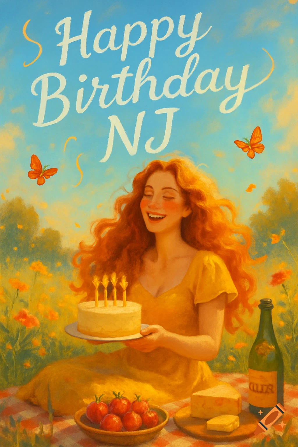 A smiling, red-haired woman in a yellow dress sits on a picnic blanket, holding a birthday cake with candles. The sky reads "Happy Birthday NJ".