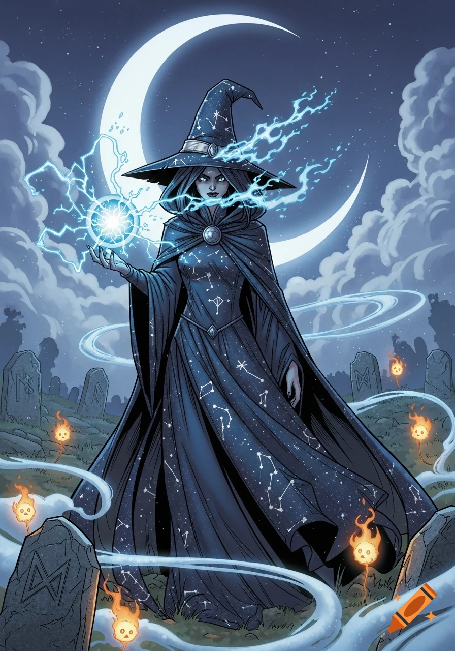 A dark witch in a starry gown and hat casts magic with a glowing orb, standing in a moonlit graveyard with runes and skull spirits, in a comic art style.