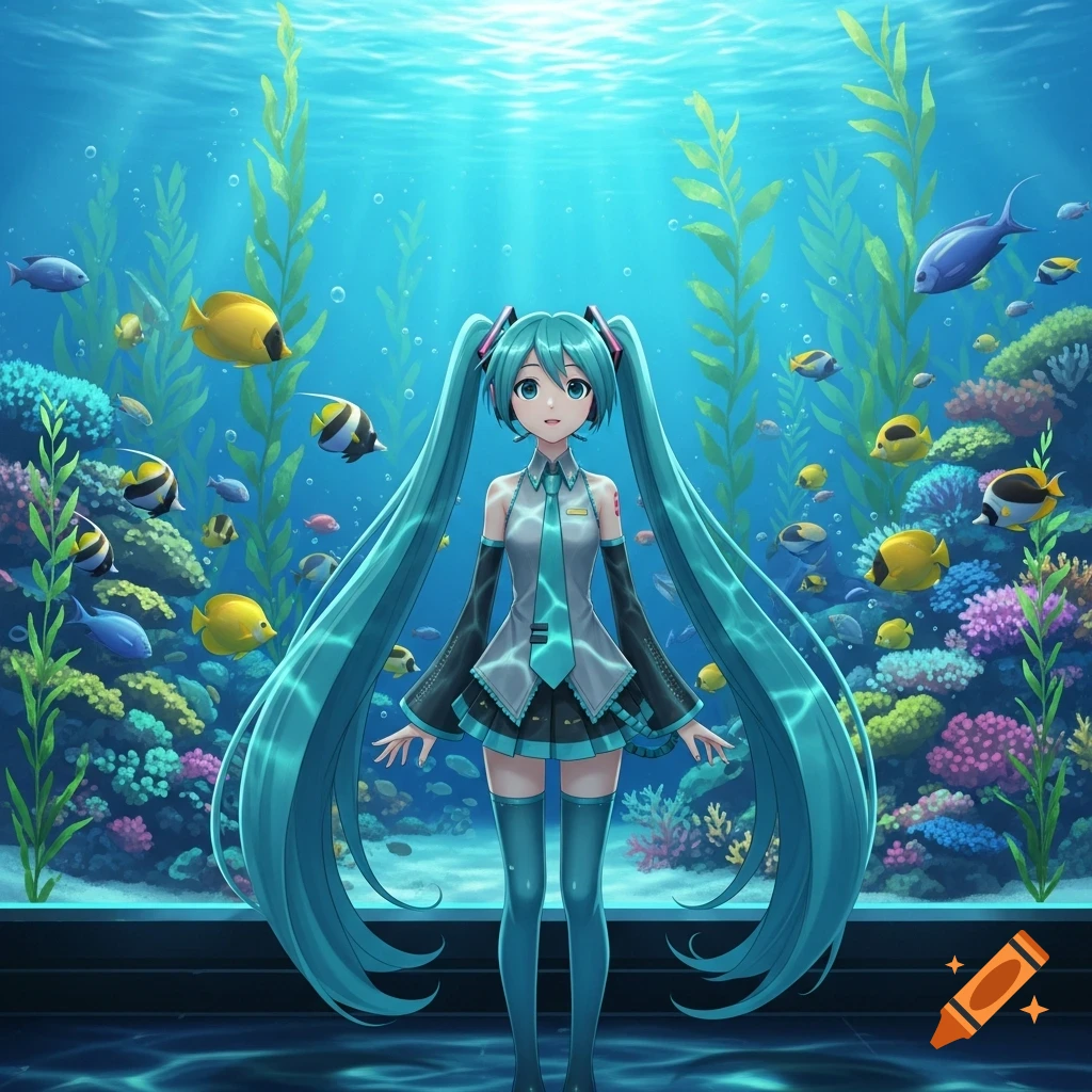 An anime character, Hatsune Miku, stands in front of a large, vibrant aquarium filled with colorful fish and coral, with light filtering through the water.