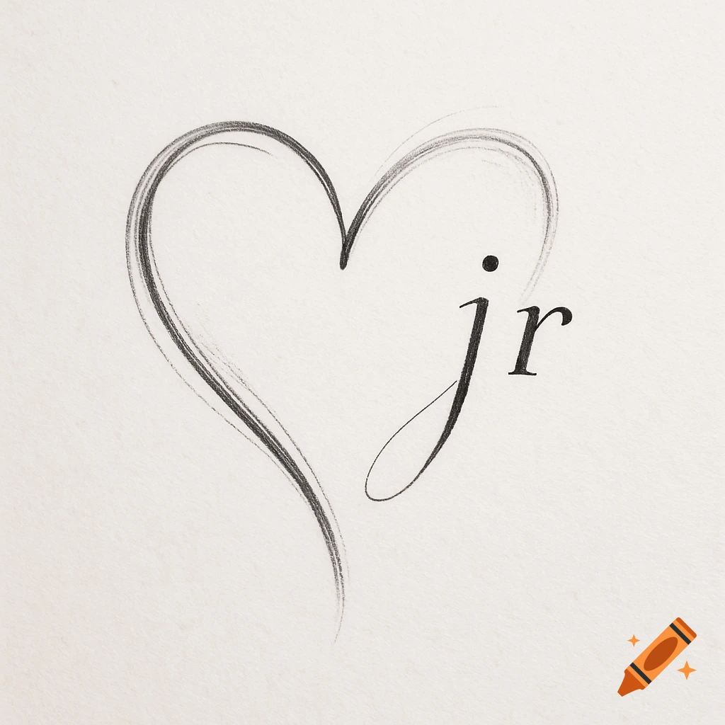 Sketch of an open heart outline with the lowercase letters 'j' and 'r' written inside, against a textured white background.