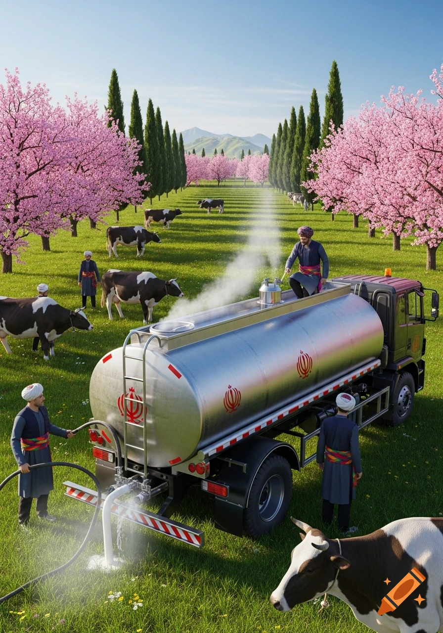 A photorealistic scene showing men in traditional attire milking cows and loading milk into a tanker truck amidst cherry blossom trees and tall cypress trees in a green field.