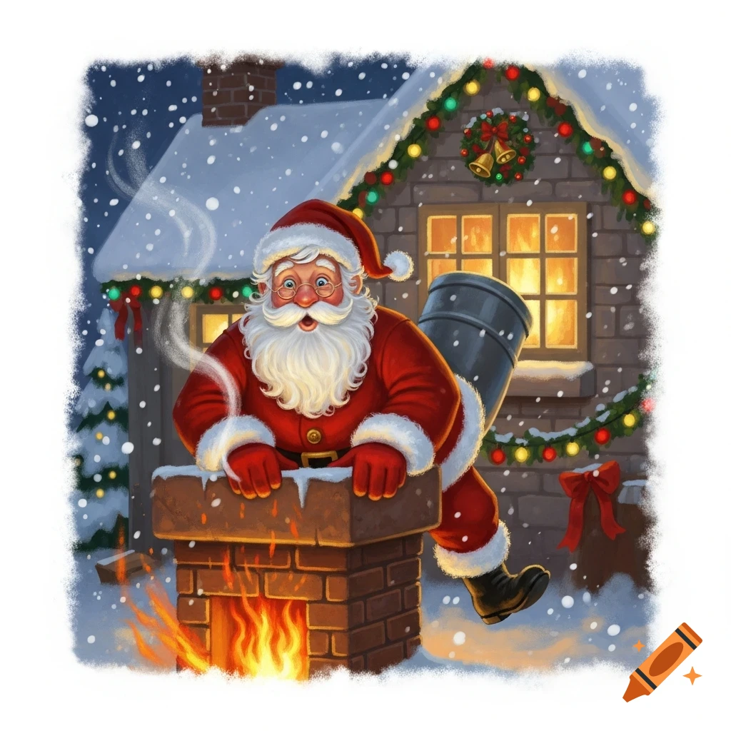 Cartoon illustration of Santa Claus looking surprised as he descends a snowy chimney with fire below, surrounded by Christmas lights on a cozy house.