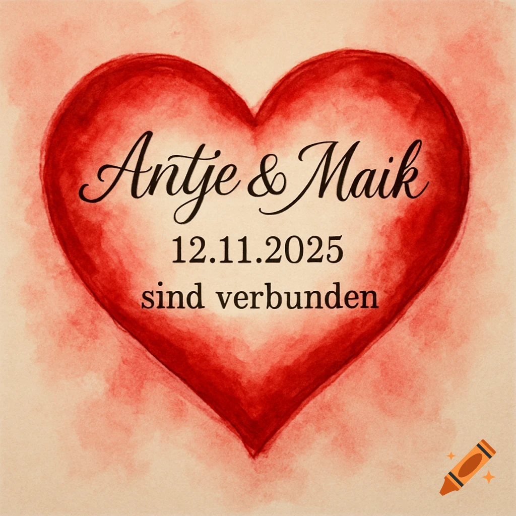 A red watercolor heart with the names Antje & Maik, a date, and 'sind verbunden' written inside.