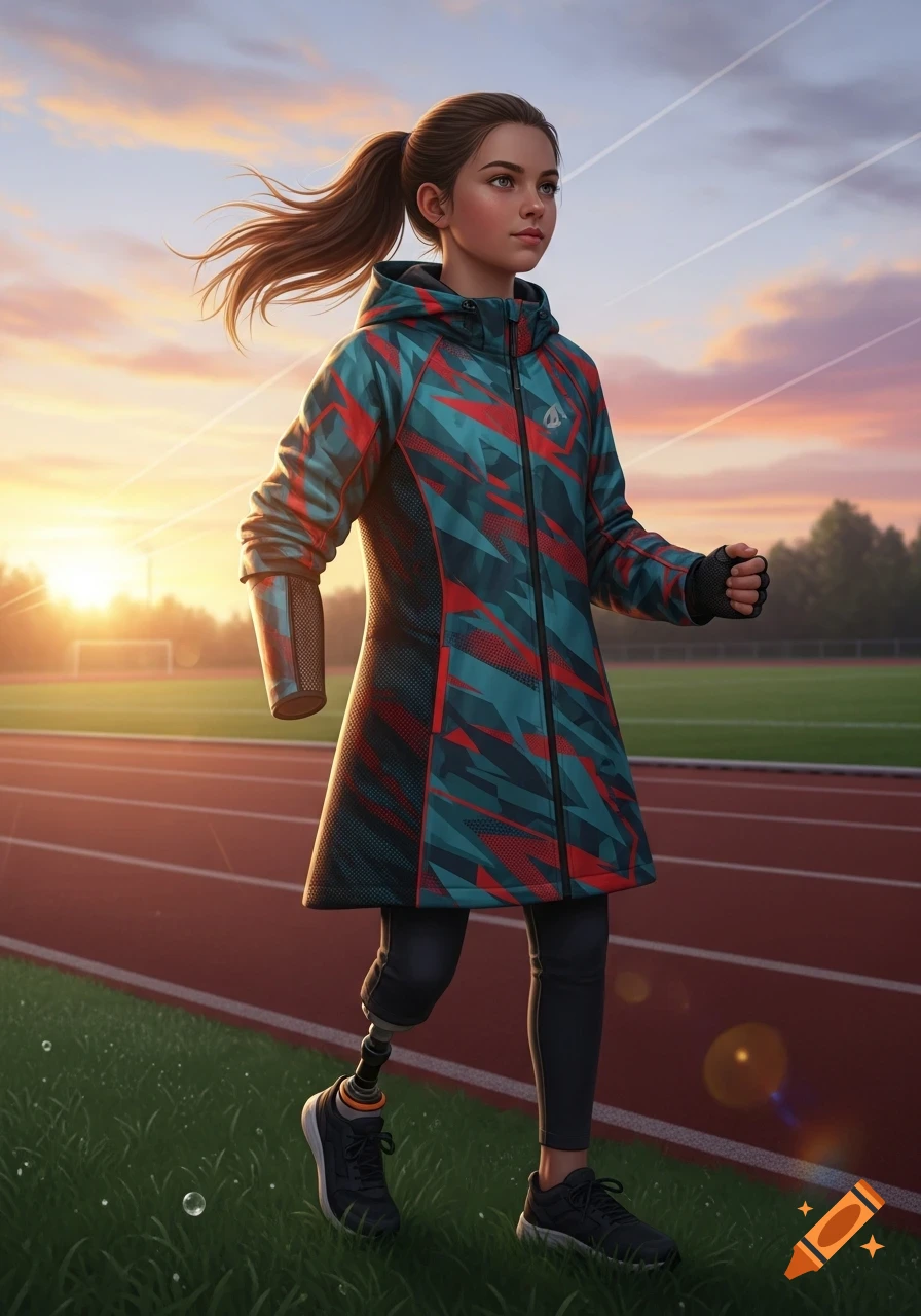 A girl with a prosthetic leg and amputated arm in an athletic coat walks on a track at sunset.